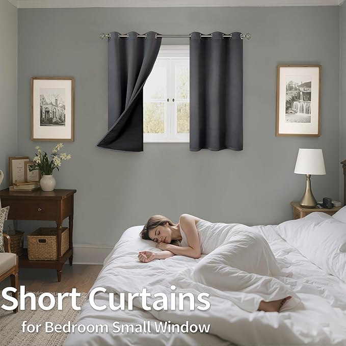 BGment Short Blackout Curtains 40 Inch Length 2 Panels, Thermal Insulated Total Light Blocking Curtains for Bedroom, Grommet Window Drapes with Thick Black Liner, 42 Inch Wide Each Panel, Dark Grey - Image 2