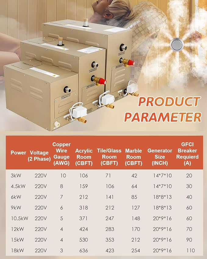 Steam Shower Generator Kit 9KW for Bath Sauna SPA, Aromatherapy Steam Head, Self-draining System, LED Touchscreen Controller, 12-Hour Timer 77-131℉ for 318CBFT/9m³ Room - Image 5