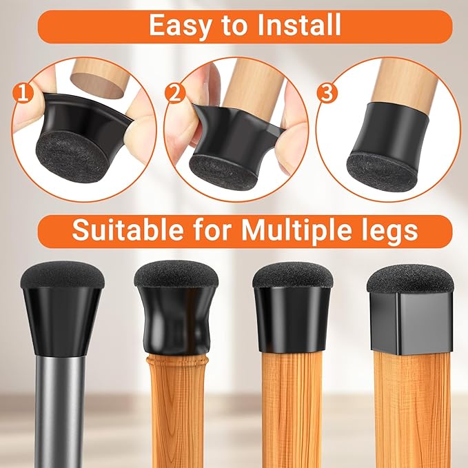 Chair Leg Floor Protectors Medium 24Pcs,Silicone Chair Leg Protectors for Hardwood Floors/Tiles,360°Wrapped Felt Bottom to Prevent Scratch and Reduce Noise, Round Black - Image 6