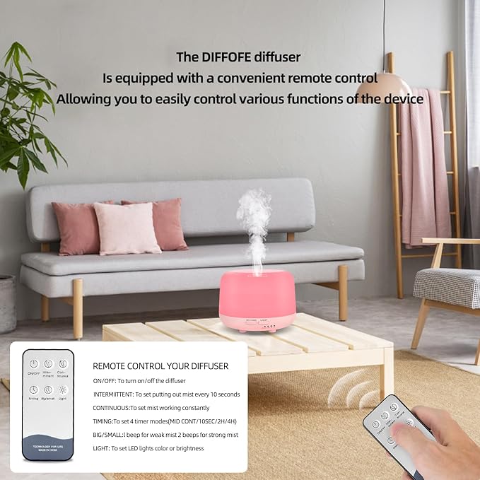 300ML Essential Oil Diffusesrs Remote Control, Aromatherapy Ultrasonic Diffuser, Cool Mist Aroma Humidfier Diffuser, 7 Color Changing LED Light, Auto-Off, Timer for Home, Room, Office, Kids.(Pink) - Image 3