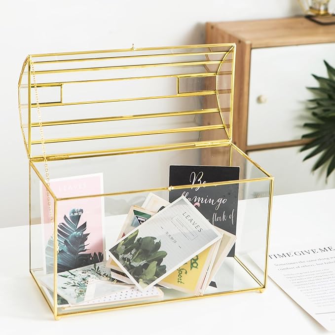 Wedding Card Box with Slot, 12.2'' Large Glass Card Boxes for Reception, Gold Cards Holder, Clear Decorative Storage Box with Lock for Baby Shower, Birthday Party, Christmas, Bridal Shower - Image 2