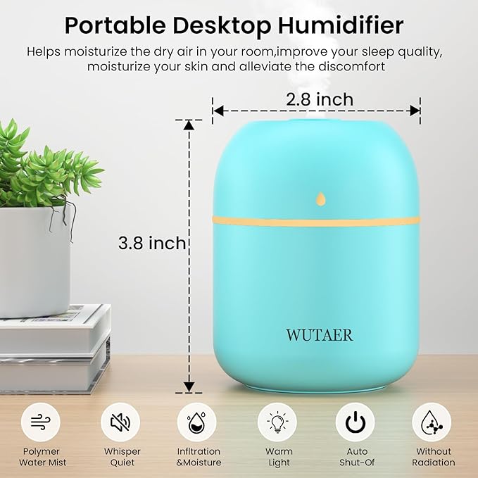 Portable Small Humidifier, WUTAER USB Personal Desktop Humidifier for Car, Office Room, Bedroom, Auto Shut-Off, 2 Mist Modes, Super Quiet(220ml, Green) - Image 2