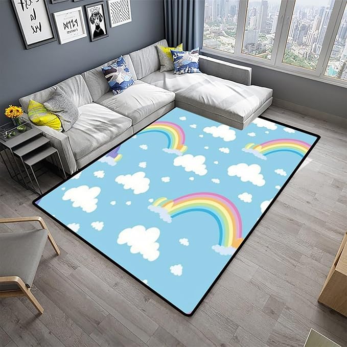 Area Rug, Rainbow and Cloud Pattern Printing Reversible Area Rugs Fade Resistant, Flame Resistant, Quick Dry, Stain Resistant, Waterproo Floor Carpet for Living Room Bedroom, 78 x 96 Inch - Image 2