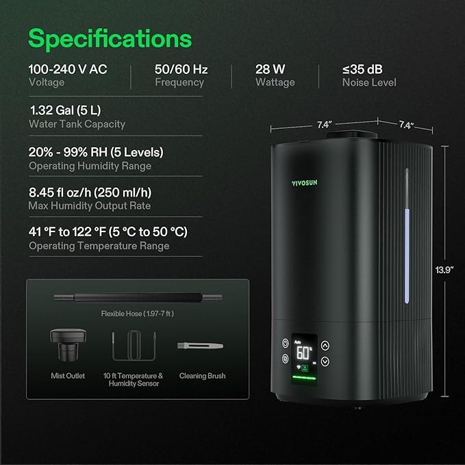 VIVOSUN AeroStream H05 Intelligent Wi-Fi Humidifier, 1.32 Gal / 5 L Humidifier with Temp & Humidity Probe, Smart Remote Control, Designed for Growers - Image 6