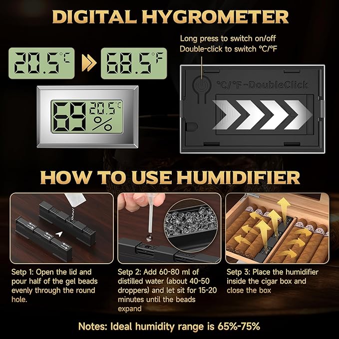 XIFEI Cigar Humidor, Glass Top Humidor Box with Digital Hygrometer, Humidifier, Accessories Drawer, Divider, Cedar Wood Desktop Humidors Case with Combination Lock, Gift for Cigar Lovers (Walnut) - Image 4