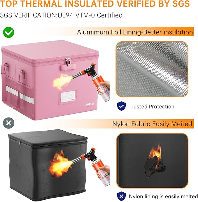 ENGPOW 5200°F File Box Fireproof Document Box with Lock,Heat Insulated Collapsible File Storage Organizer Box with Handle,Portable Home Office File Cabinet for Hanging Letter/Legal Size Folder, Pink - Image 2
