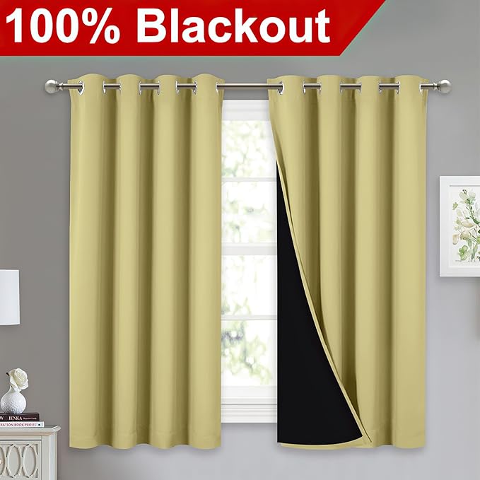 NICETOWN 100% Blackout Curtains with Black Liners, Thermal Insulated Full Blackout 2-Layer Lined Drapes, Noise Cancellation Window Drapes for Dining Room (Paler Yellow, 2 Panels, 52" W by 54" L) - Image 2