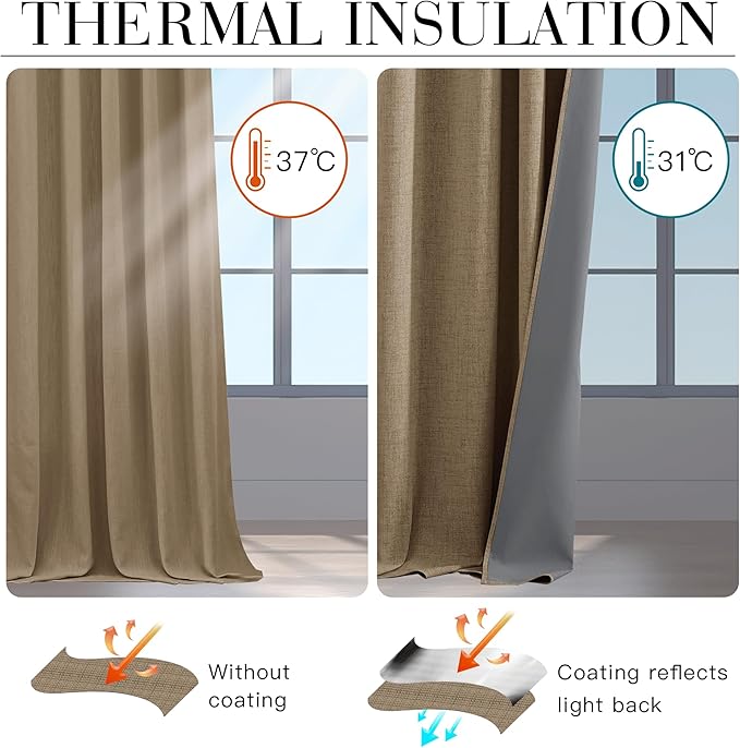 RYB HOME Burlap 100% Blackout Linen Curtains 72 inch Long, Thermal Insulated & Privacy Assurd Drapes for Bedroom/Office/Nursery, Rod Pocket & Back Tab Window Treatment, W52 X L72, 2 Panels - Image 4