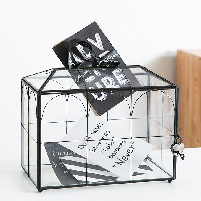 Wedding Card Box with Slot, 10.2'' Large Black Glass Card Boxes for Reception, Clear Decorative Storage Box with Lock for Baby Shower, Birthday Party, Christmas, Bridal Shower by Unknown