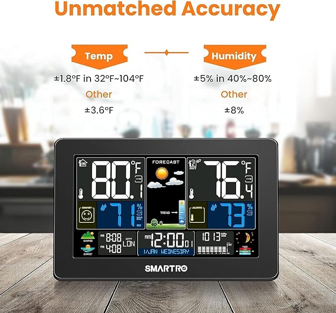 SMARTRO Weather Station Wireless Indoor Outdoor Thermometer for Home, Large Color Display Digital Clock, Forecast with Barometer, Ambient Temperature Humidity Monitor with Moon Phase - Image 3