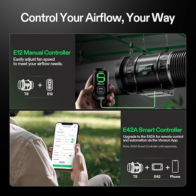 VIVOSUN T8 8" Inline Duct Fan & 3 Cycle Modes E12 Speed Controller, AeroZesh Grow Tent Kit Ventilation Fan with 832 CFM EC Motor, Programmable Exhaust Fan for Heating Cooling Booster, Hydroponics - Image 6
