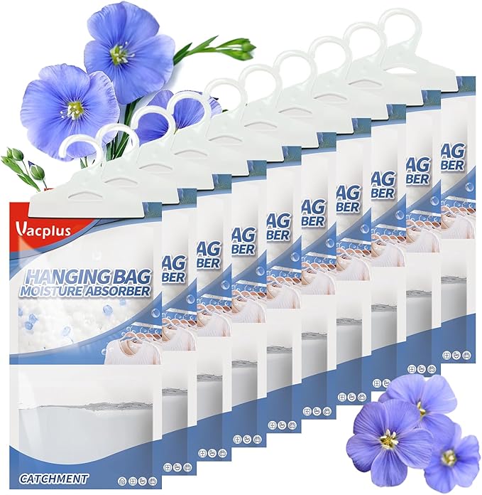 Vacplus Moisture Absorbers, Hanging Closet Dehumidifier Bags, Humidity Packs, Desiccant, Closet Dehumidifiers with Linen Fragrance, 10 Pack, 9.8 OZ by Vacplus