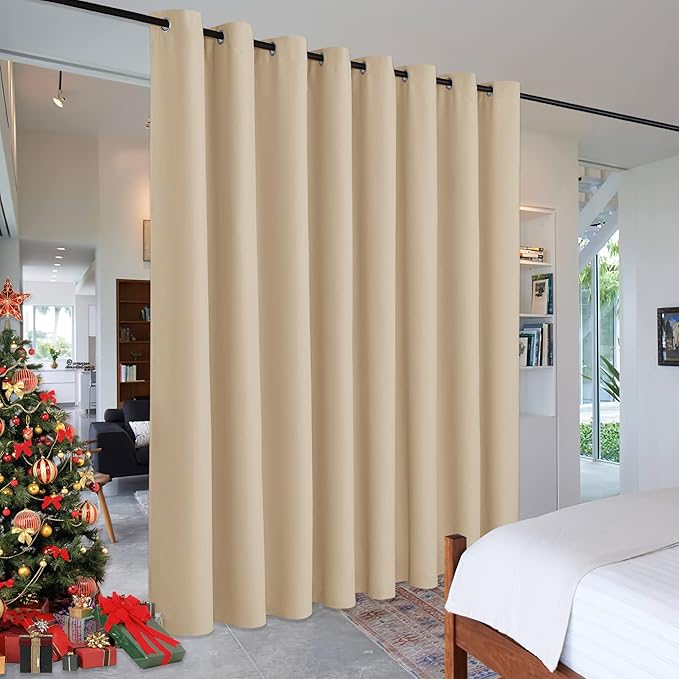 RYB HOME Decor Freestanding Office Partition Wall Divider, Contemporary Blackout Curtain Panel Anti-Rust Grommet Top for Home Theatre/Bedroom/Storage, 8 ft Tall x 15 ft Wide, Cream Beige, 1 Piece by RYBHOME