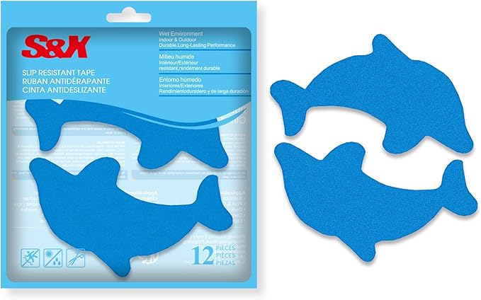 S&X Bathtub Non Slip Stickers,Grippy Dolphin Adhesive Treads – Fine Gritty Textured Surface – Pack of 12 Shower Floor Non Slip Stickers – Comfortable Grip On Slipper Surfaces by SXProducts