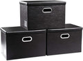 PRANDOM Large Foldable Storage Bins with Lids [3-Pack] Leather Fabric Collapsible Storage Boxes Organizer Containers Baskets Cube with Cover for Home Bedroom Closet Office Black(17.7x11.8x11.8) by Prandom
