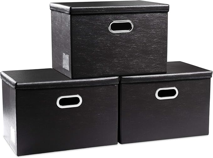 PRANDOM Large Foldable Storage Bins with Lids [3-Pack] Leather Fabric Collapsible Storage Boxes Organizer Containers Baskets Cube with Cover for Home Bedroom Closet Office Black(17.7x11.8x11.8) by Prandom