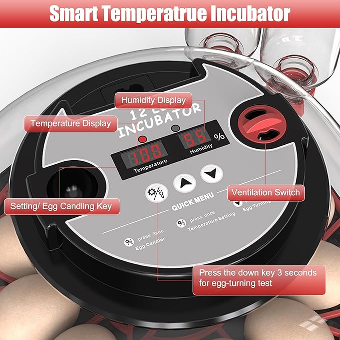 12 Egg Incubator with Temperature Control, Humidity Display, Automatic Egg Turner and Candler, Automatic Water Bottle Refill, for Hatching Chickens/Ducks/Gooses/Quail - Image 6