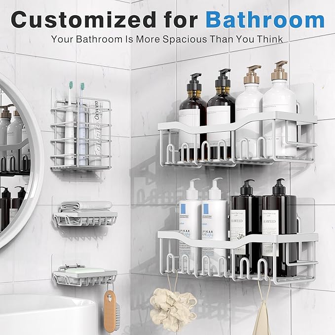 EUDELE 5-Pack Rustproof Stainless Steel Shower Caddy Set– No Drill Adhesive Bathroom Organizer, Space-Saving Shower Shelves for Apartment Essentials, Bathroom/Kitchen Storage Home Decor-L Size - Image 2