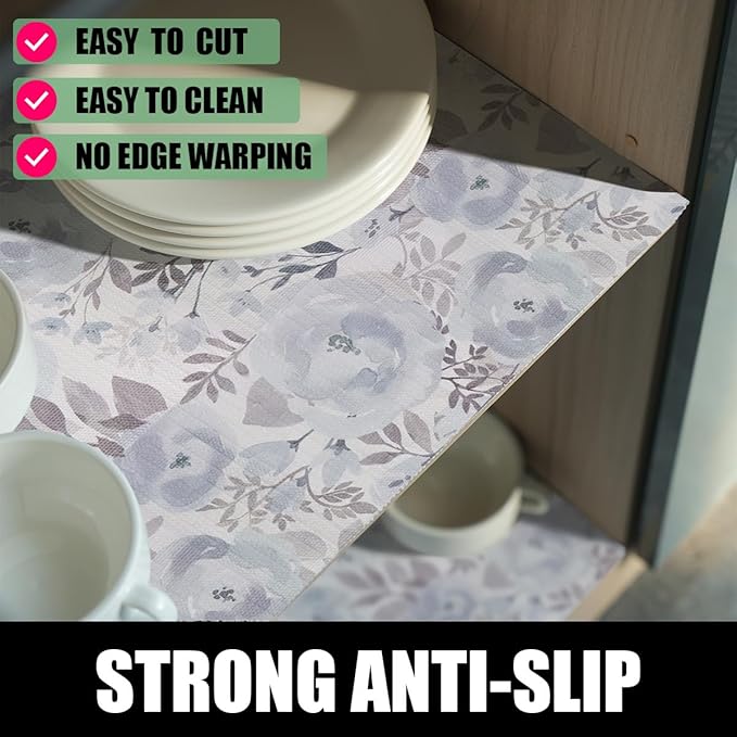 Blue Floral Shelf and Drawer Liner for Kitchen,12IN x 20FT Non-Adhesive and Strong Non-Slip Peony Cabinet Drawer Liners for Kitchen Shelf, Waterproof Cupboard Liners,Easy to Clean - Image 2