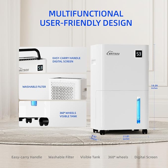 Britsou 50 Pints Dehumidifier for Basement with Drain Hose - Quiet Smart Operation with 3 Modes, 24HR Timer - Ideal for Home Bedroom, Bathroom, Small to Large Rooms - Image 8