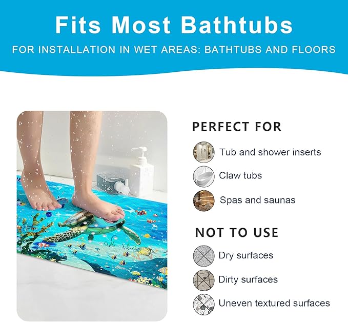 XIYUNTE Baby Bath Mat for Tub Non Slip Kids Bath Mat - 40''x16'' Extra Long Cartoon Bathtub Mat Non Slip Kids Shower Mat Eco-Friendly Toddler Bath Mats with Suction Cups, Machine Washable - Image 6