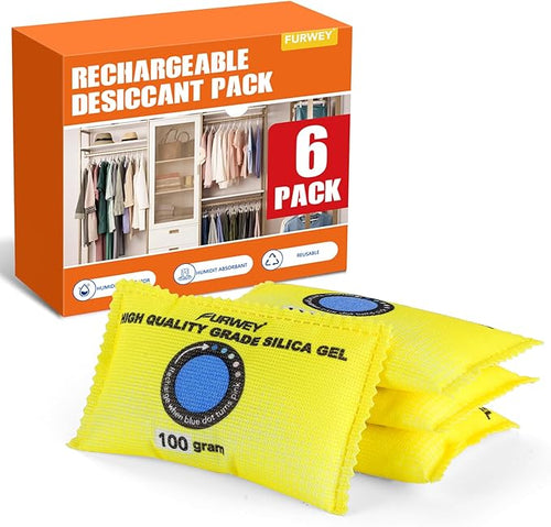 100g (6 Packs) Rechargeable Desiccant Packs for Storage, Color Indicating Silica Gel Desiccant Packets, Moisture absorbers for storage,Dehumidifier bag for Closets,Cars,Storage Bins by FURWEY