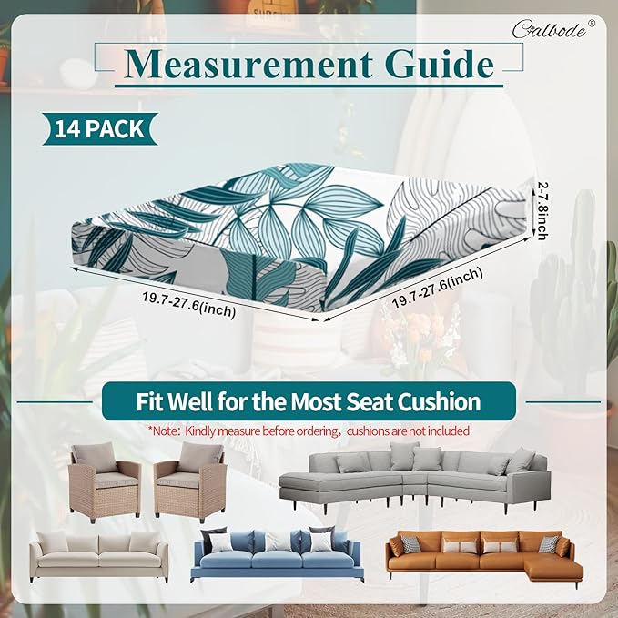 14Pcs Stretch Patio Cushion Cover Outdoor Cushion Cover Replacement Slipcovers Indoor and Outdoor Chair seat Covers Blue Botanical Print Patio Furniture Protector(Cover Only) - Image 2