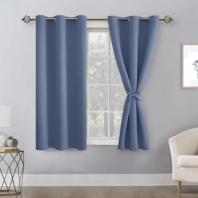 Hiasan Short Blackout Curtains for Bedroom - Thermal Insulated & Energy Saving Window Curtains for Living Room, 2 Drape Panels Sewn with Tiebacks, Blue Haze, 42 x 45 Inch - Image 2
