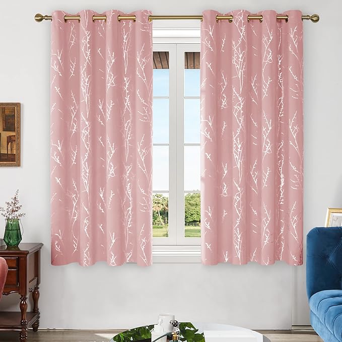 Deconovo Pink Curtains, Blackout Drapes, Thermal Insulated Soundproof Privacy Curtain, Silver Tree Print, 52 x 63 Inch, Machine Washable Window Panels for Girls Bedroom Living Room Nursery, Set of 2 - Image 2