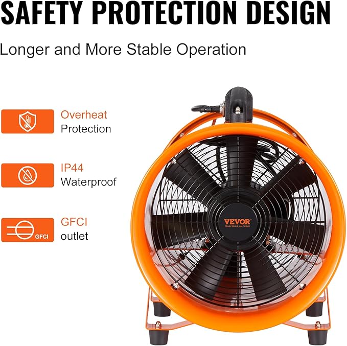 VEVOR 16 Inch Utility Blower Fan, 2 Speed 5175 CFM Heavy Duty Cylinder Axial Exhaust Fan with 33ft Duct Hose, Industrial Portable Confined Space Ventilator for basements, warehouse, Workshop - Image 3