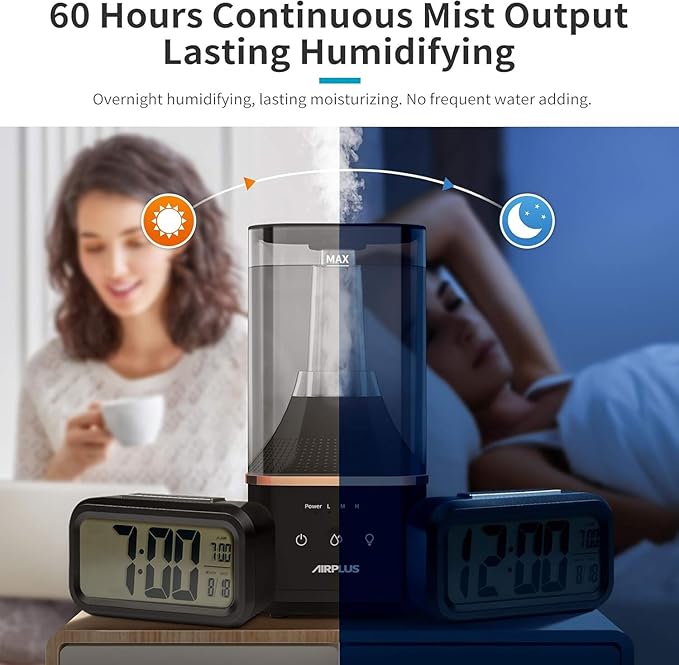 AIRPLUS Powerful Humidifier for Bedroom Lasting up to 60 Hours, Top-Refilling Cool Mist Humidifier for Home with A Water Tank of 4L - Image 5