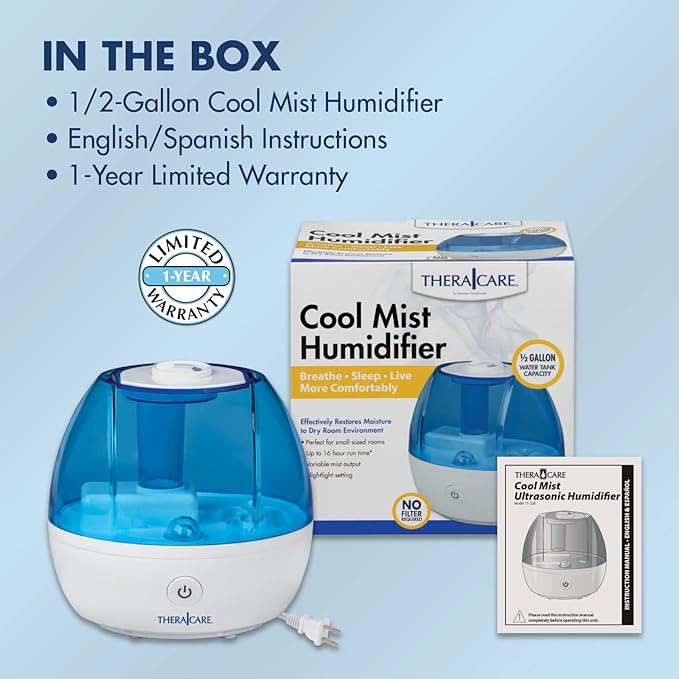 Thera|Care Cool Mist Ultrasonic Humidifier | For Medium Size Rooms | No Filter Required | 16 Hour Run Time - Image 8
