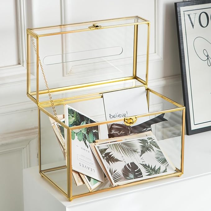 Glass Wedding Card Box with Slot, 10.2 inch Clear Card Box Gold Brass Gift Card Storage Box with Lock Perfect for Wedding Receptions, Baby Shower, Birthday Party, Bridal Shower - Image 3
