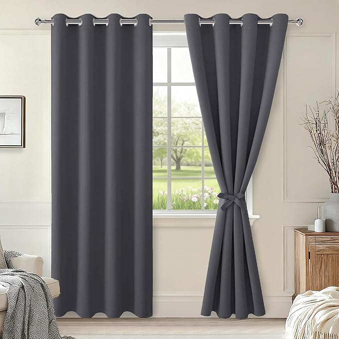 Hiasan Blackout Curtains for Bedroom, 52 x 96 Inches Long - Thermal Insulated & Light Blocking Window Curtains for Living Room, 2 Drape Panels Sewn with Tiebacks, Dark Grey by Hiasan