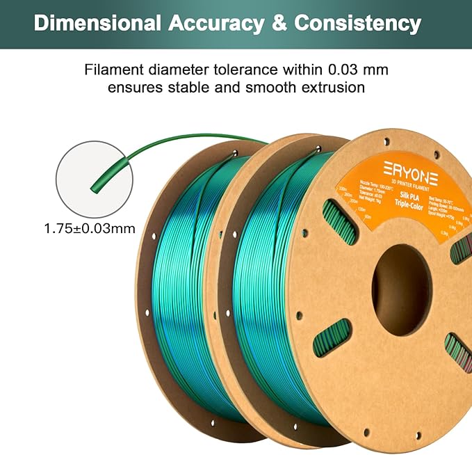 ERYONE Silk Tri Color PLA Filament 3D Printer 1.75mm +/- 0.03mm, Multicolor Filament Tricolor PLA Bundle 2KG Cardboard Spool, Red Blue Green - Image 4