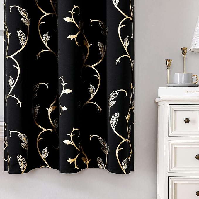 BUHUA Black Blackout Curtains with Gold Wave Line Foil Design,Room Darkening Curtains 72 Inches Long,Noise Reducing Blackout Drapes,Sliding Door Curtains Thermal for Bedroom 2 Panels Set,52W×72L - Image 5