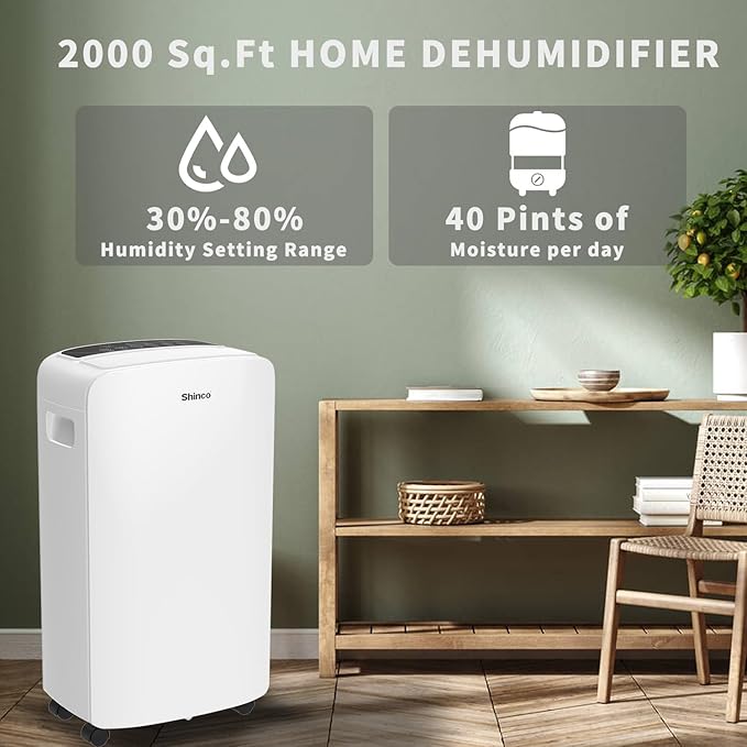 Shinco 40 Pints Dehumidifier for Home and Basements, 2000 Sq.Ft Dehumidifiers with Drain Hose, Auto or Manual Drainage, Auto Defrost, Quietly Remove Moisture, Intelligent Humidity Control, 24HR Timer - Image 2