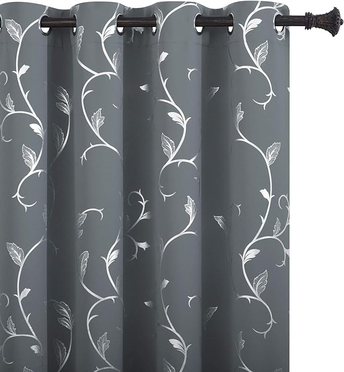 BUHUA Kids Room Darkening Curtains Silver Floral Print Blackout Curtains Grommet Curtains for Bedroom Window 52W×72L Light Grey 2 Panels by BUHUA