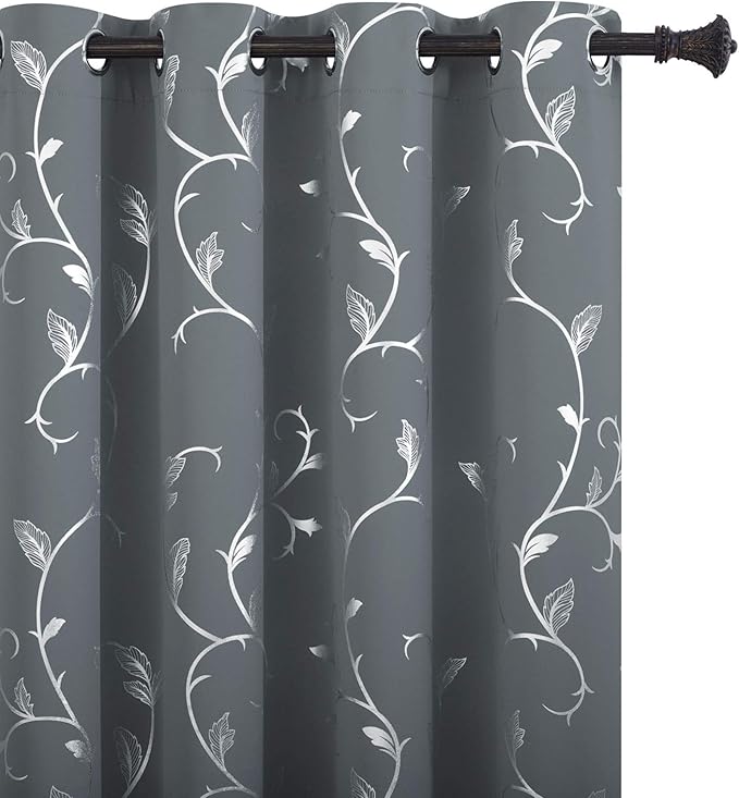 BUHUA Striped Blackout Curtains Grommet Top Wave Vine Pattern Room Darkening Curtains for Patio Door 52Wx84L Light Grey 2 Panels by BUHUA