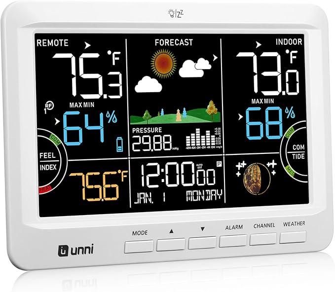 Weather Station Indoor Outdoor Thermometer Wireless, Home Atomic Clock with Large Constant Display, Inside Outside Temperature Humidity Monitor, Dew Heat Point, Barometer White by UUNNI