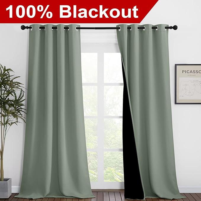 NICETOWN Greyish Green Blackout Curtains 90 inches Long, Full Light Blocking Drapes with Black Liner for Nursery, Thermal Insulated Draperies for Hall, Villa (2 Pieces, 46" Wide Each Panel) - Image 2