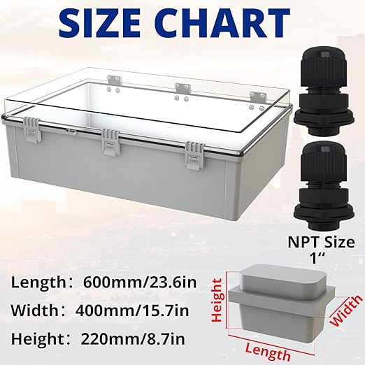 MAKERELE Extra Large Electrical Box Plastic IP67 Electronics Clear Waterproof Boxes for Outdoors Case with 2 NPT 1”Glands and Wall Bracket Hinged Cover Outdoor Enclosure Box(23.6"*15.7"*8.7") - Image 2