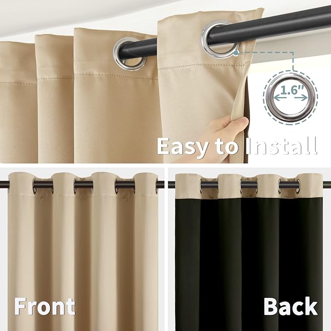 BGment Thermal Insulated 100% Blackout Curtains for Bedroom with Black Liner, Double Layer Full Room Darkening Noise Reducing Grommet Curtain (52 x 84 Inch, Beige, 2 Panels) - Image 6