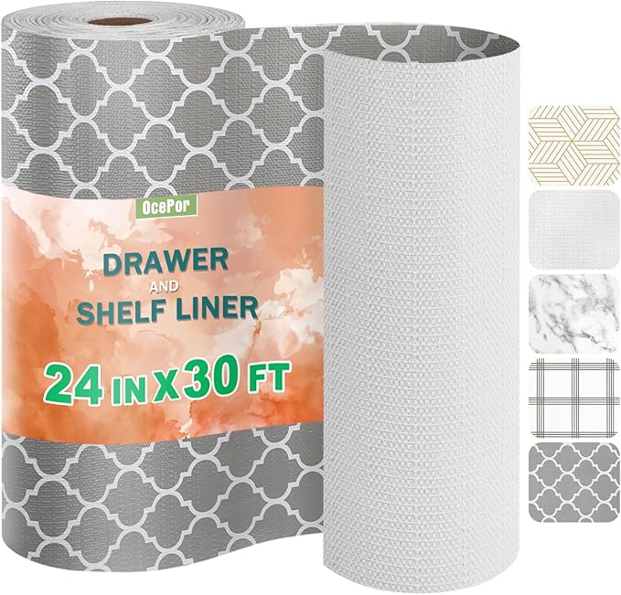 OcePor Non-Adhesive Drawer and Shelf Liner 24IN x 30FT，Non Slip Cabinet and Cupboard Liner, Kitchen Cabinet Liners for Shelves, Waterproof Drawer Shelf Liners for Cabinets/Bathroom Cupboard by OcePor