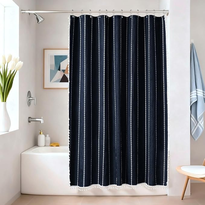 72 x 76 inch Extra Long Boho Chic Shower Curtain Heavyweight with Tassels, Navy Linen Textured Fabric Farmhouse Shower Curtain, Elegant White Striped Bathroom Curtain Water Repellent - Image 6