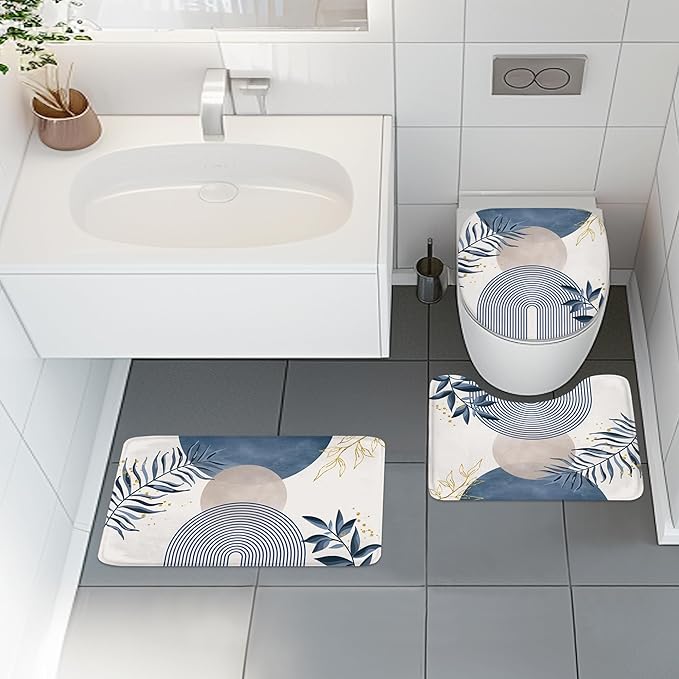 4 PCS Navy Blue Gray Boho 72Wx72H Shower Curtain Set Modern Mid Century Plant Bath Rug Toilet Lid Cover Nonslip U Shape Mat Quick Dry Rubber Backed Dirt Resistant Accessories Bathroom Decor - Image 2