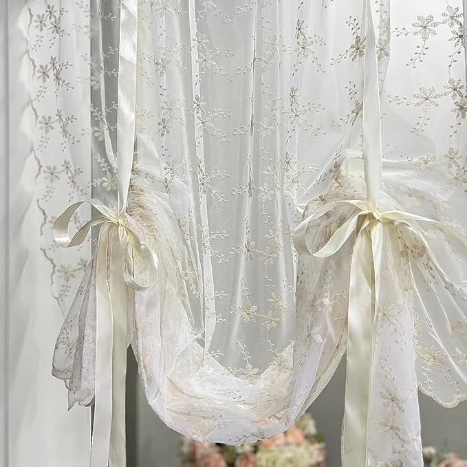 Beige Romantic Little Floral Woven Lace Tie Up Balloon Curtain for Kitchen Liftable Tier Roman Blind Victorian Drapes for Small Window Cafe Balcony Rod Pocket 1 Panel (55Wx79L inch) - Image 6