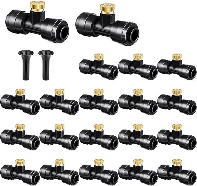 Brass & Black Misting Nozzles Kit - 20pcs Mister Nozzles & Tees with 2pcs Plugs for 1/4" Tubing and Outdoor Patio System by wexecon