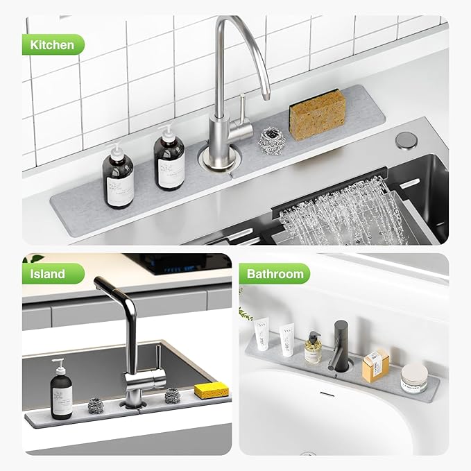 23.6" x 4" Stone Faucet Mat for Kitchen Sink, Quick Drying Diatomite Sink Tray, Faucet Sink Splash Guard for Prevents Moisture Buildup (Light Gray) - Image 8