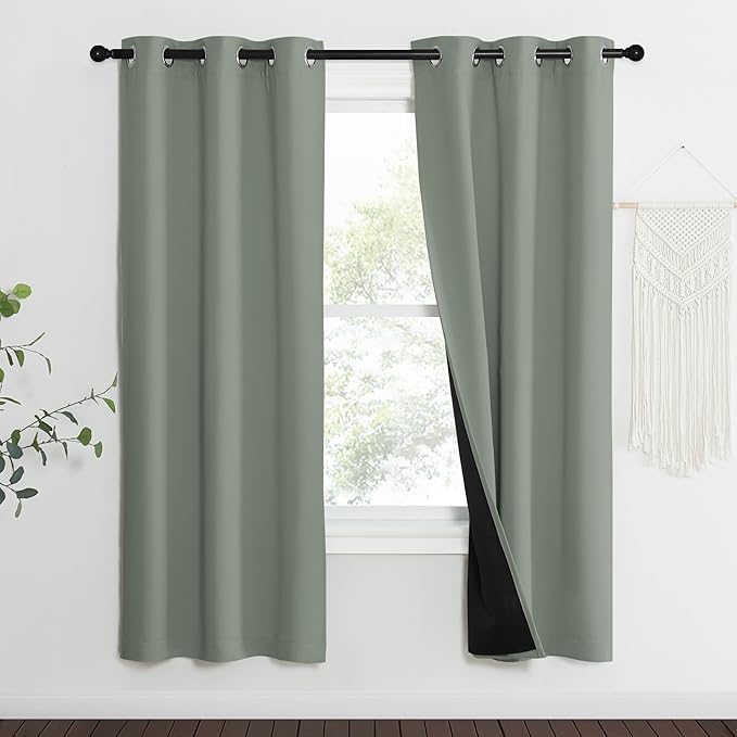 NICETOWN 100% Blackout Window Curtain Panels, Heat and Full Light Blocking Drapes with Black Liner for Nursery, 70" Drop Thermal Insulated Draperies (Greyish Green, 2 Pieces, 37" Wide Each Panel) by NICETOWN